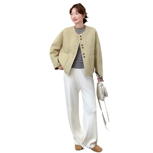 卡其色双面羊绒大衣女短款2025新款韩版时尚单排扣宽松毛呢外套图片