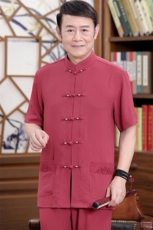 亚麻男装中老年人短袖居士服夏季中式汉服火凤大码爸爸装，男装T恤，钱塘723
