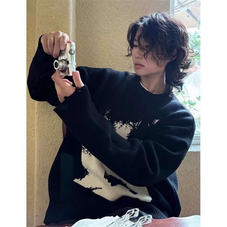 欧美小众毛衣男宽松氛围感圆领套头针织衫情侣上衣 M7191图片