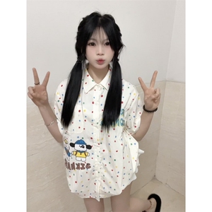 TC595-P45夏季潮牌趣味卡通刺绣短袖衬衫男女宽松情侣百搭衬衣图片