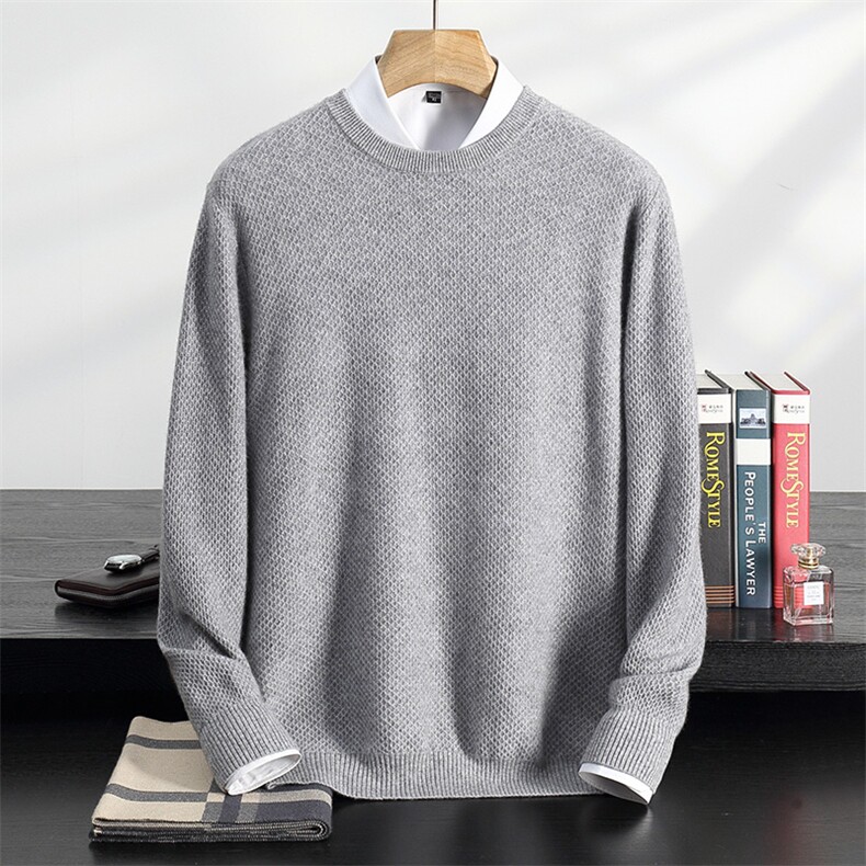 秋冬季35%羊绒鱼鳞纹休闲商务圆领羊绒衫男装，男装羊绒套衫，欣美羊绒