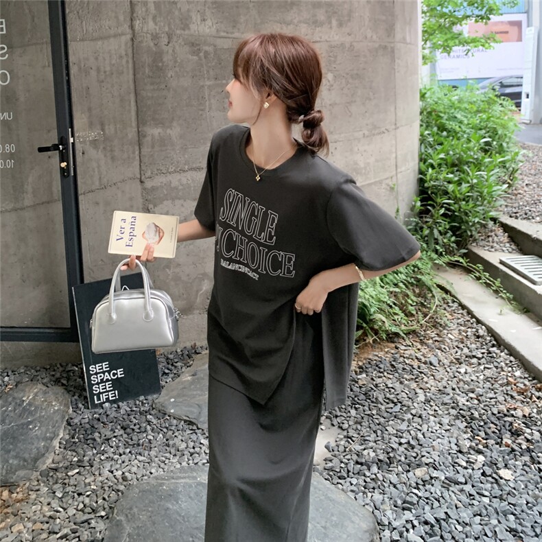 休闲减龄T恤半身裙套装女2025夏季新款俏皮活泼侧开叉显瘦两件套,女装套装/套裙,2C090