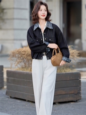 2025年秋季新款撞色拼接牛仔外套格纹拼接衬衫领牛仔上衣，女装短外套，慕依路