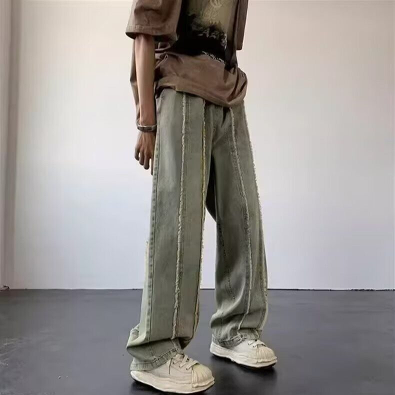 美式复古竖条拼接流苏毛边直筒牛仔裤男女高街设计感阔腿拖地裤,男装牛仔裤,星座506A