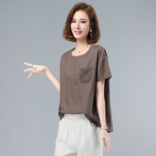 棉麻短袖T恤女宽松圆领亚麻上衣洋气打底小衫不规则休闲T，女装T恤，文熹诺