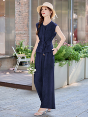 高端亚麻阔腿裤套装女夏2025新款老钱风小个子休闲时尚棉麻两件套，女装套装/套裙，魅影