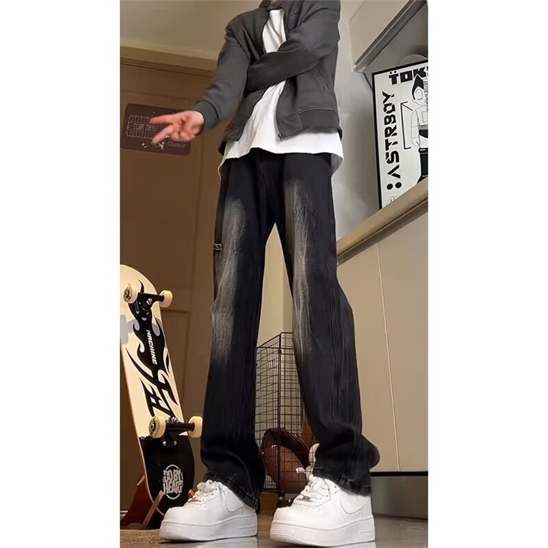 美式复古水洗牛仔裤潮宽松阔腿裤微喇裤炸街痞帅裤子K221-P43网图，男装牛仔裤，电商B245