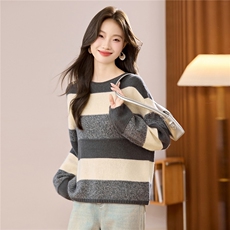 条纹撞色圆领毛衣女2025秋冬宽松慵懒高级感针织衫套头上衣羊毛衫，女装羊毛衫，艾米