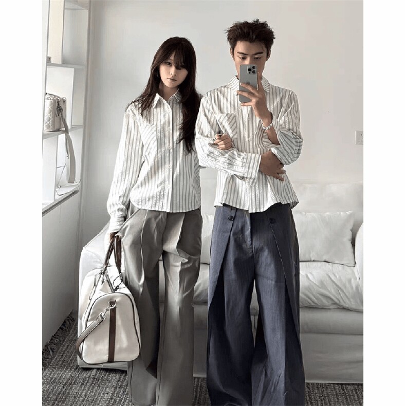 美式潮牌高街复古泡泡纱竖条纹日系肌理长袖衬衫男女休闲宽松衬衣，男装衬衫，电商A443