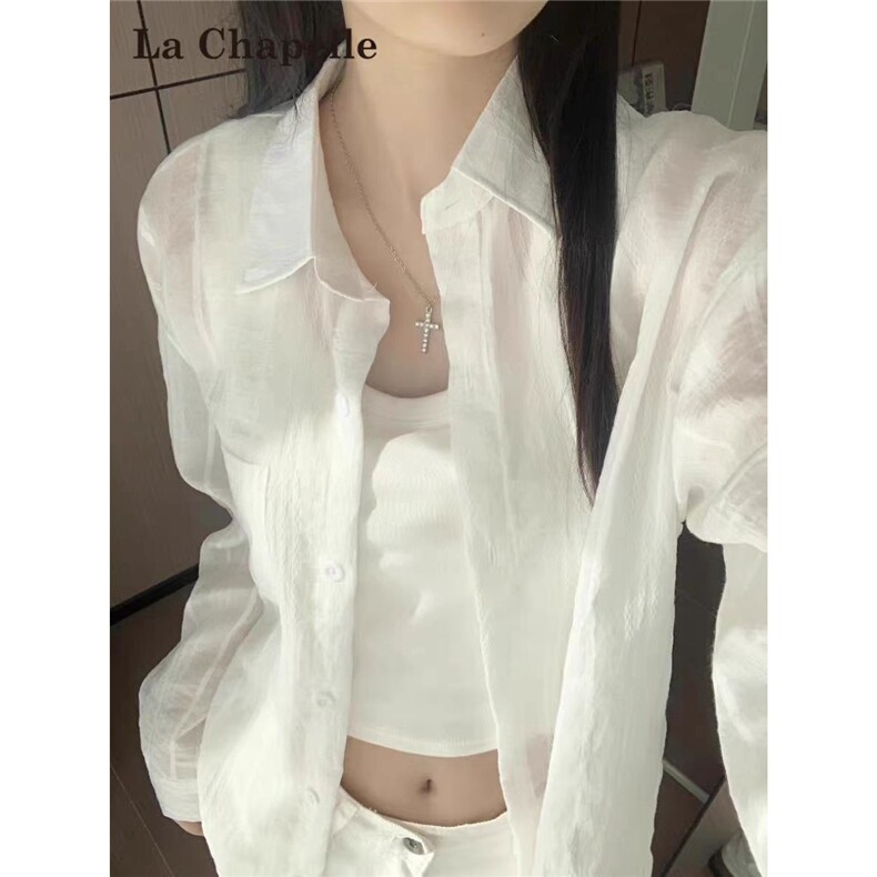 韩系白色薄款防晒长袖衬衫女夏装新款宽松慵懒风衬衣休闲外套上衣，男装防晒衣，星座506A