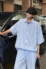 时尚套装男慵懒风条纹蓝色短裤长袖衬衫套装潮流时尚套装特P55，男装牛仔裤，电商B319