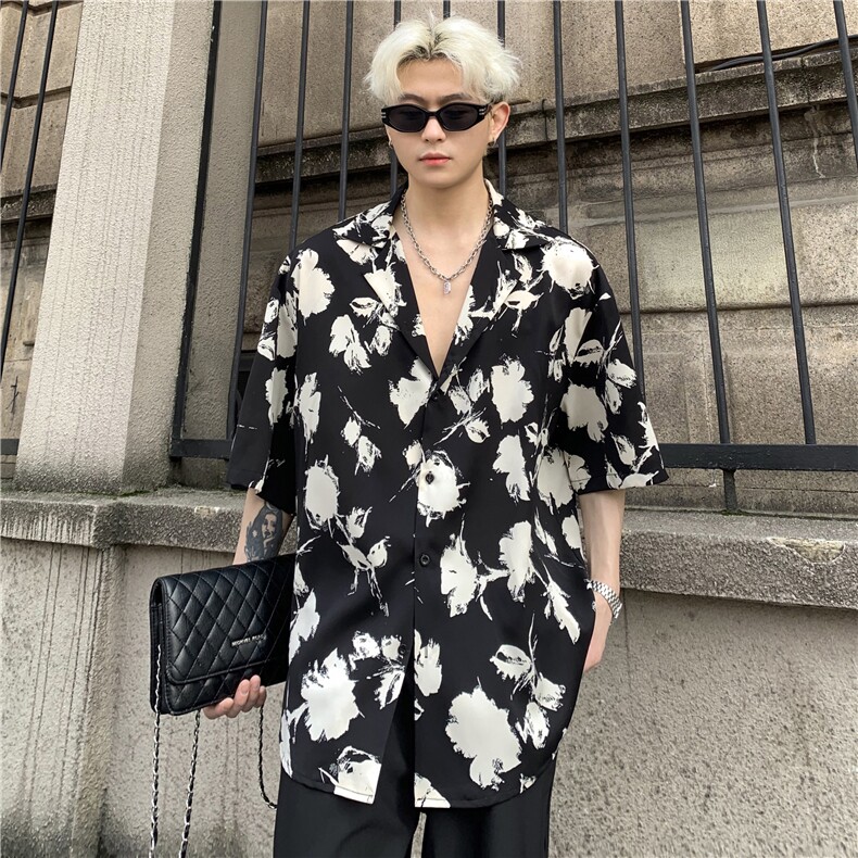 夏季薄款原创个性印花宽松免烫古巴领衬衫男病死垂感痞帅衬衣,男装衬衫,电商C307A