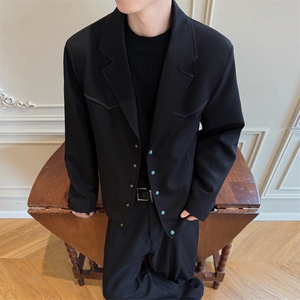西装领夹克2025秋季松石绿纽扣短款休闲外套男 XZ514-2-JK993-P98图片