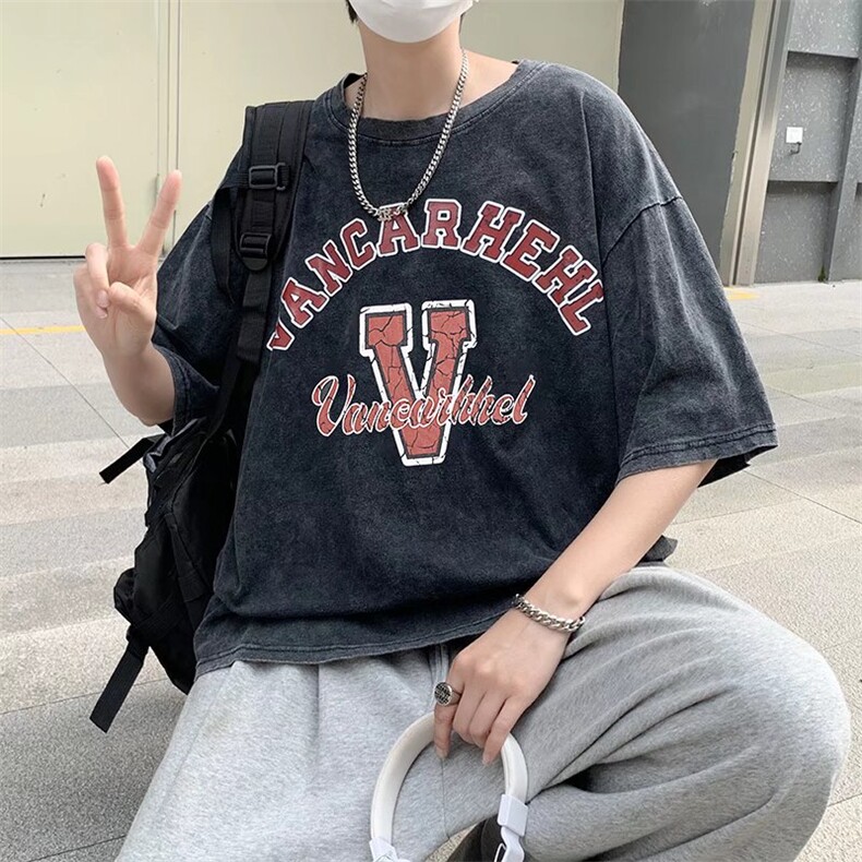 美式高街做旧磨边英文字母印花短袖T恤男宽松街舞情侣W2418-P35图片