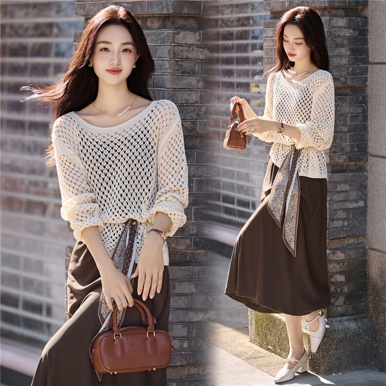 韩系复古镂空罩衫套装裙女2025秋季爆款系带收腰显瘦吊带裙两件套，女装套装/套裙，辉煌依升