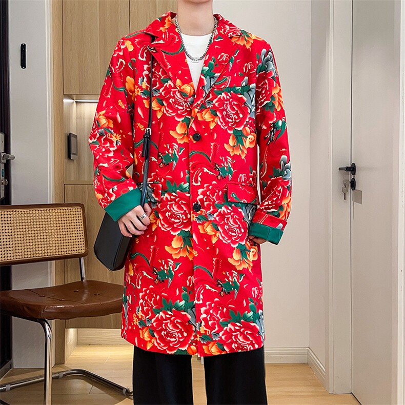 Y001男士中长款休闲风衣外套东北大花帅气外衣潮大码M-5XL，男装风衣，星座115A(原星座507）