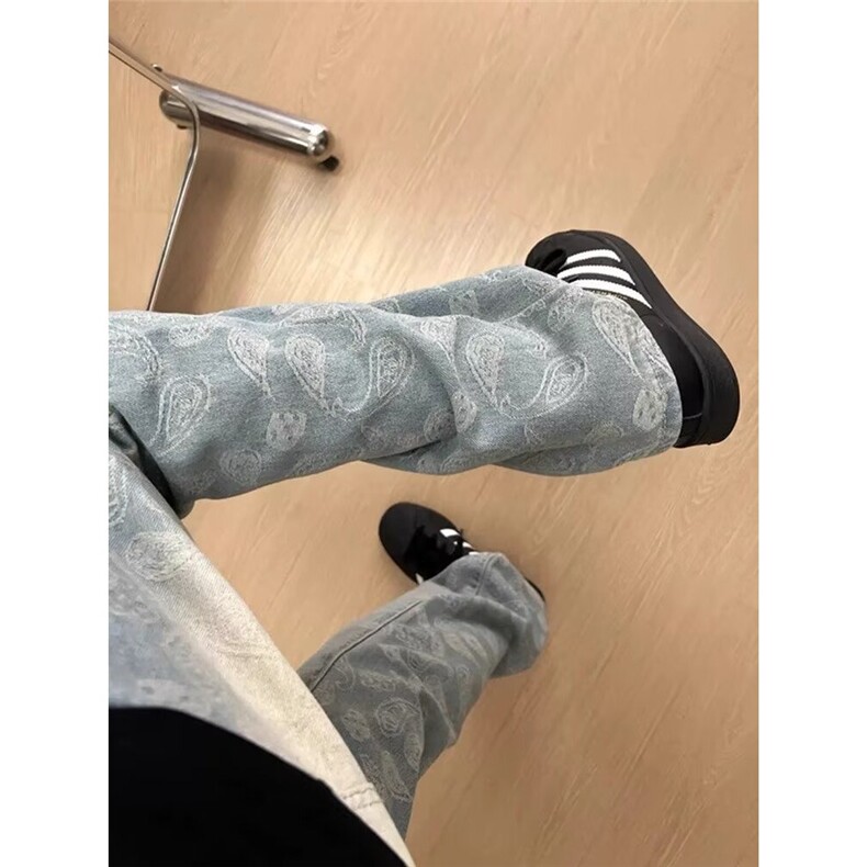 欧美高街vibe复古腰果花牛仔裤男女破洞补丁小众设计感显瘦炸街裤,男装牛仔裤,星座506A