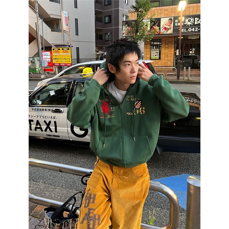 美式复古做旧字母印花徽章连帽开衫卫衣男女宽松休闲百搭外套，女装短外套，星座613