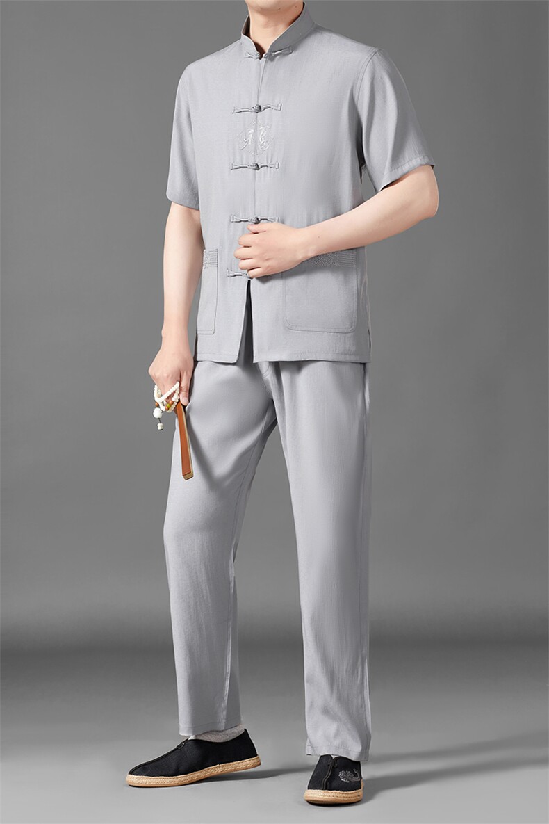 夏季冰丝短袖t恤2023夏装新款休闲风套装唐装宽松一套男装,男装休闲套装,电商B212（原钱塘6029）