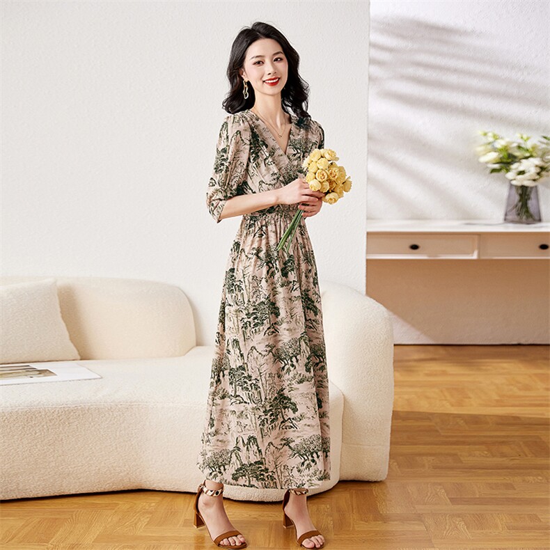 现货！2023新款夏季中长款连衣裙V领半袖裙子雅佳俏522#,女装连衣裙,雅佳俏