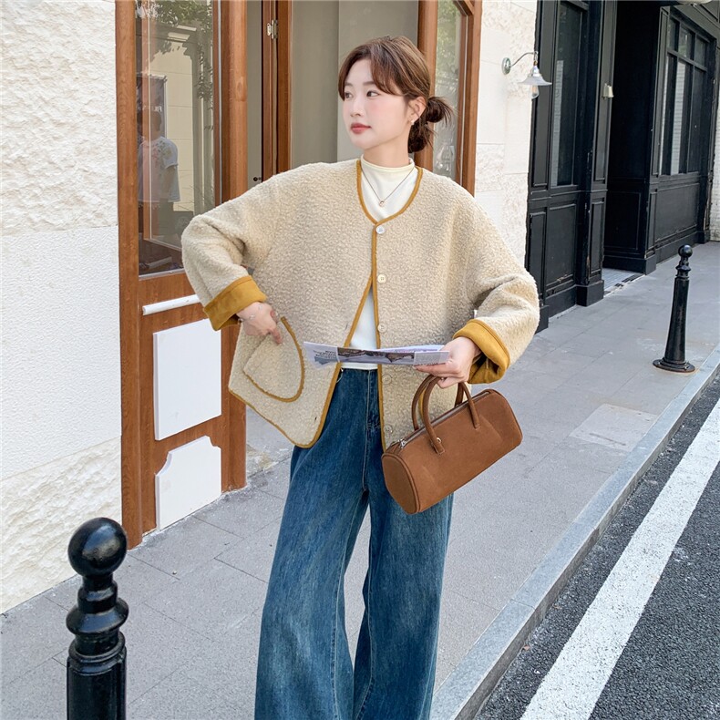 撞色圆领皮毛一体外套女2025冬季新款慵懒风宽松休闲百搭加厚上衣,女装毛呢外套,2C198