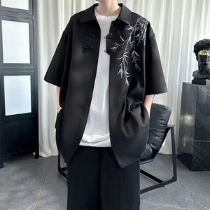 潮翻领免烫青少年标准新中式风裤子男士夏季薄款冰丝五分袖纯色图片