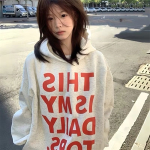 C0238-P55 美式花灰色高级感印花无口袋连帽卫衣女图片