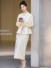 芷墨2025年冬季新款绣花新中式双面呢外套加半身裙两件套装裙，女装套装/套裙，芷墨服饰