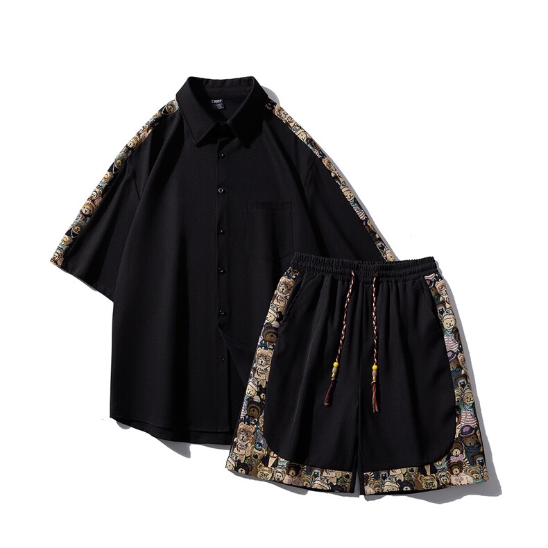 1小熊短袖衬衫男+短裤大码M-5XL套装92%聚酯纤维8%氨纶TZ77058P70，男装牛仔裤，星座226-2