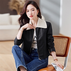 洋气小个子皮衣外套女2023春装新款韩版针织翻领显瘦pu皮短款夹克，女装皮衣，江南女神