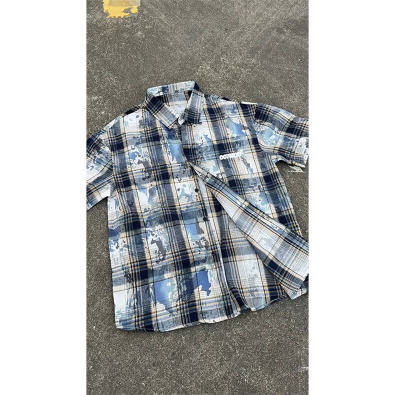 迷彩格子短袖衬衫男生夏季薄款美式复古高街vibe潮牌帅气半袖衬衣,男装衬衫,电商A007