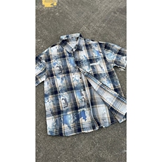 迷彩格子短袖衬衫男生夏季薄款美式复古高街vibe潮牌帅气半袖衬衣，男装衬衫，电商A007