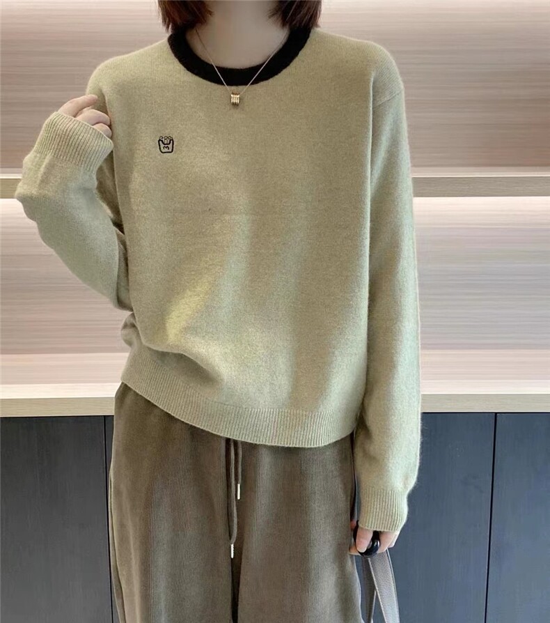 时尚百搭拼色刺绣圆领针织衫女春秋宽松毛衣撞色羊毛打底衫,针织衫/毛衣,雪真羊绒