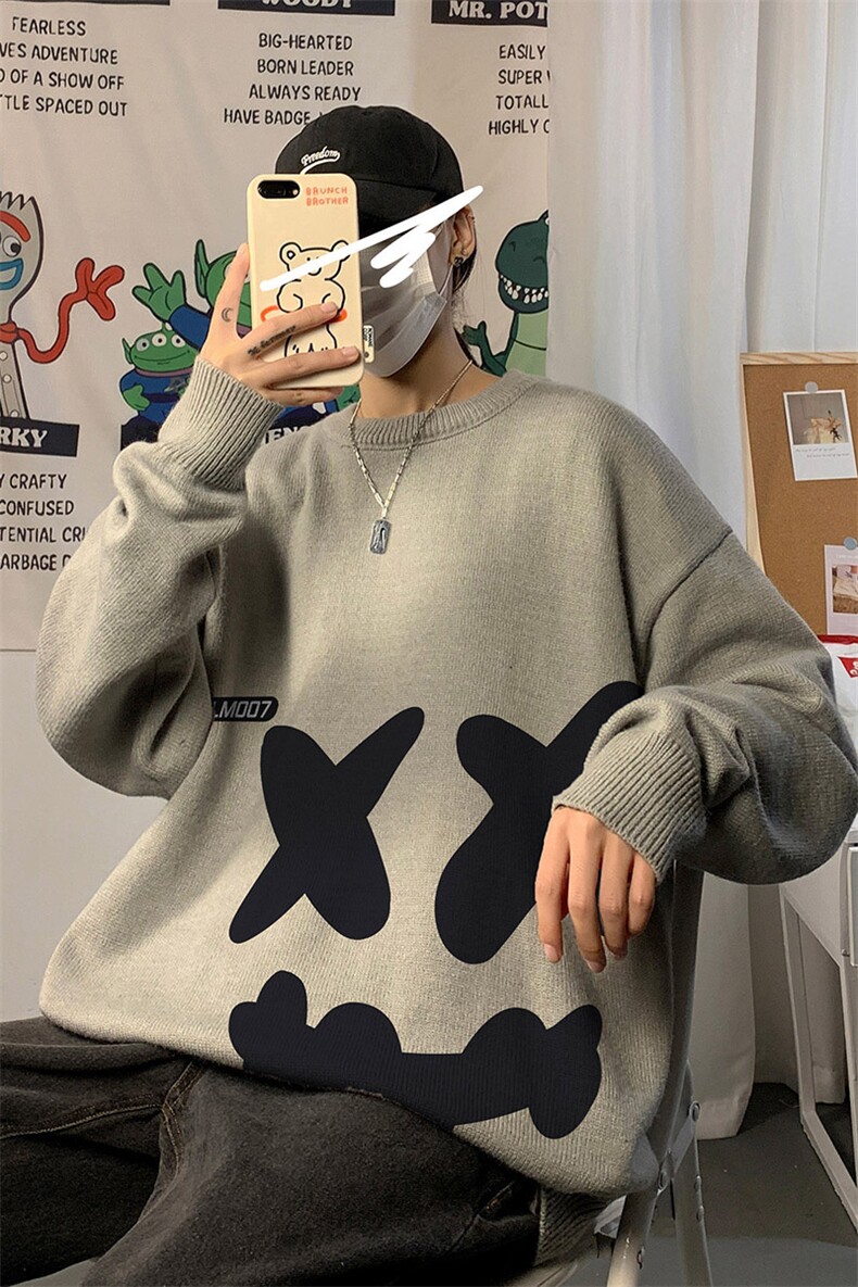 1港风圆领中性情侣潮流大码M-5XL印花加厚毛衣男7024P55加绒P70,男装针织衫/毛衣,星座226-2