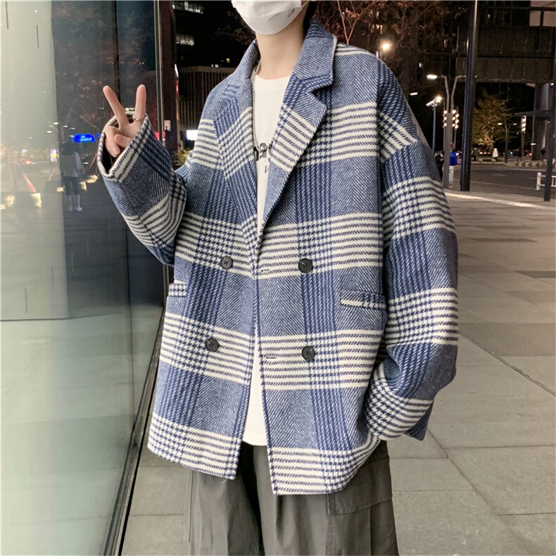 毛呢大衣男秋冬季中长款宽松格子痞帅西装领韩版潮流W2398-P80,男装西服,星座512-3