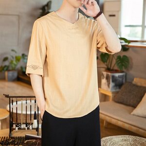 夏新款亚麻竹节棉麻短袖中国风盘扣祥云刺绣五分袖大码T恤T511图片