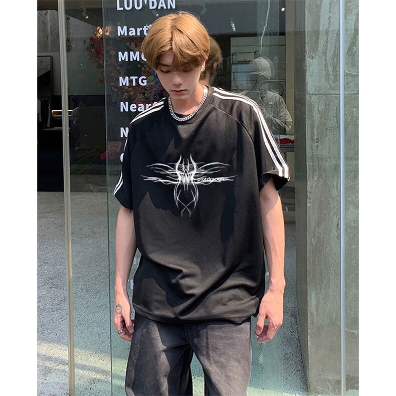 抖音得物高品质二开240克宽松纯棉美式潮牌三条杠织带短袖T恤，男装T恤，电商A486-1