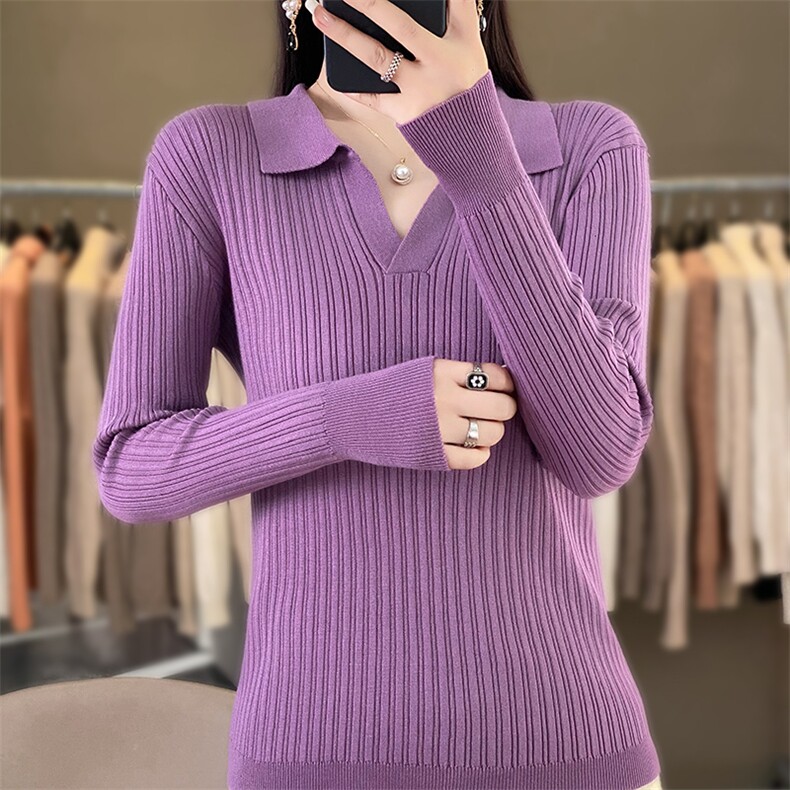 POLO领长袖针织打底衫女修身翻领套头毛衣洋气百搭内搭保暖毛衫女图片