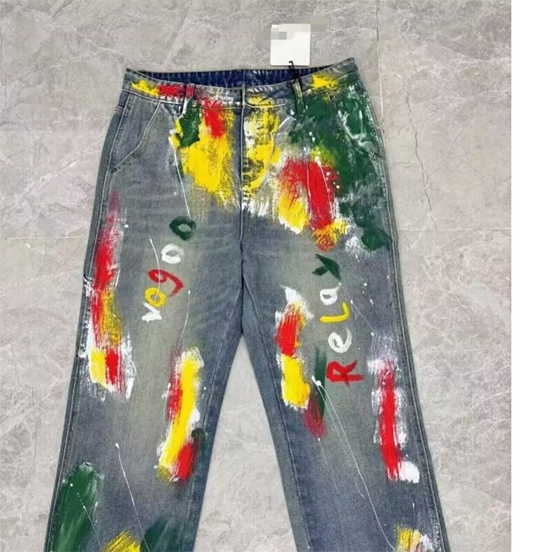 美式复古彩色涂鸦阔腿牛仔裤女春季新款宽松高腰显瘦百搭阔腿裤,男装牛仔裤,星座506A