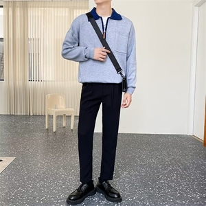轻熟风春季新款撞色polo风翻领拉链针织衫毛衣男休闲上衣外穿卫衣图片