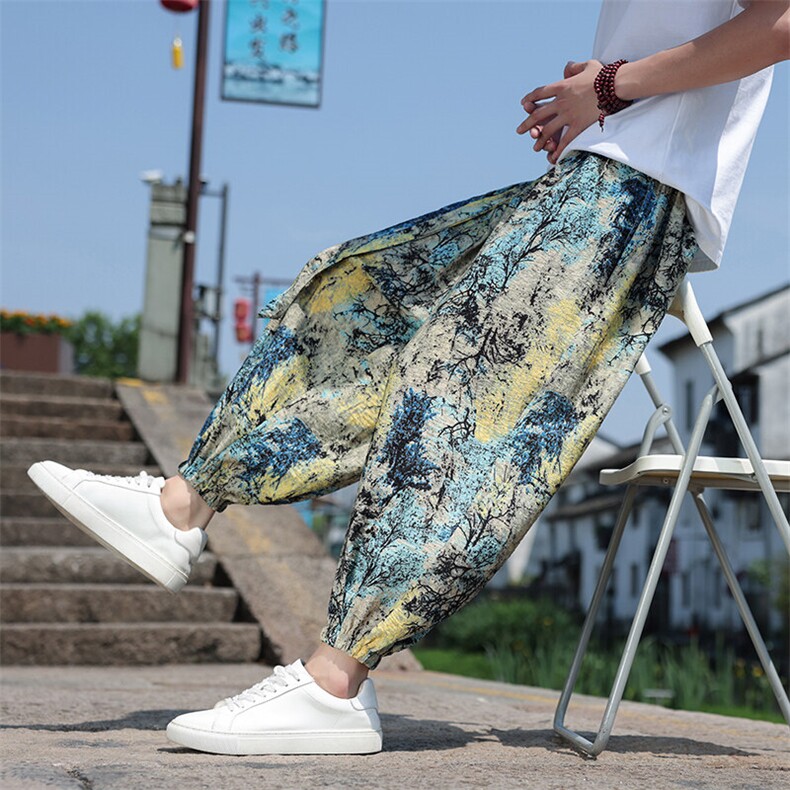 新中式冰丝数码印花宽松休闲九分裤801-p55,男装休闲裤,星座816A（原B366）