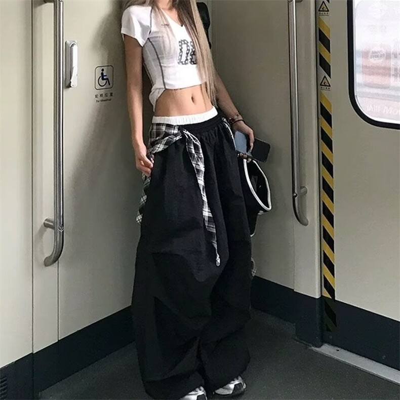 美式复古黑色屁帘休闲裤女夏季街头泽西风街舞叠穿宽松工装裤子潮,男装休闲裤,星座1210-1