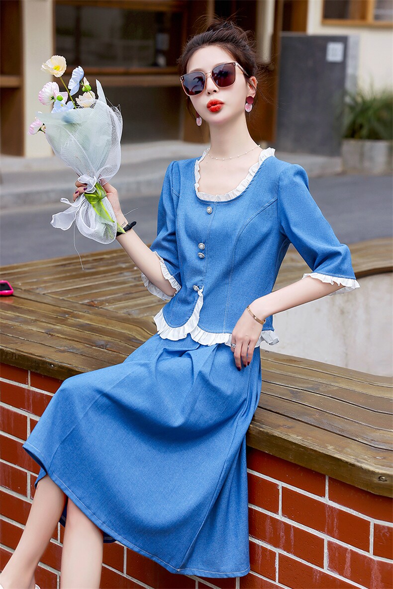现货2023夏装新款韩版收身显瘦中袖大摆半身裙清新套裙两件套,女装套装/套裙,韩美纤衣