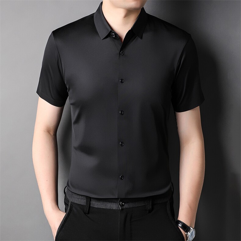 短袖衬衫男弹力薄款上衣服夏季中年男士商务休闲纯色百搭衬衣爸爸图片