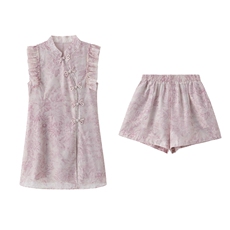 新中式国风时尚短裤套装女2025夏季新款小个子盘扣改良旗袍两件套，女装套装/套裙，魅影