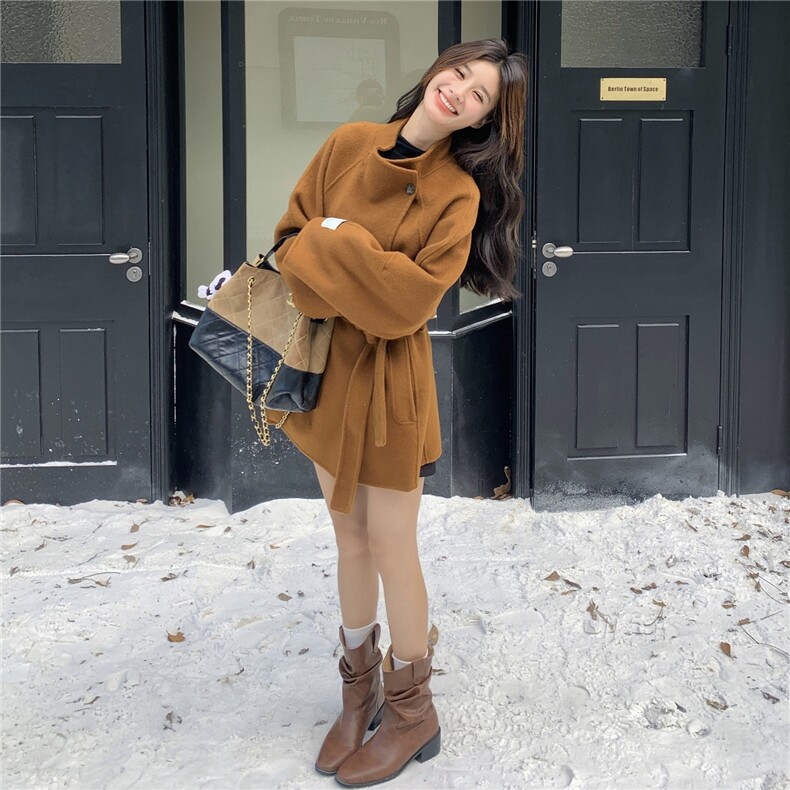 美拉德收腰气质呢子外套女2025年秋冬季新款百搭显瘦双面羊毛大衣,女装双面呢大衣,蝶眷