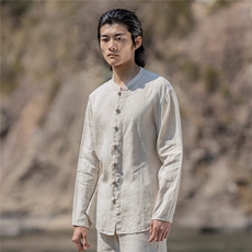 纯亚麻夏季薄款宽松长袖上衣风复古唐装盘扣衬衫男CS03，男装衬衫，星座704A（原B229A）