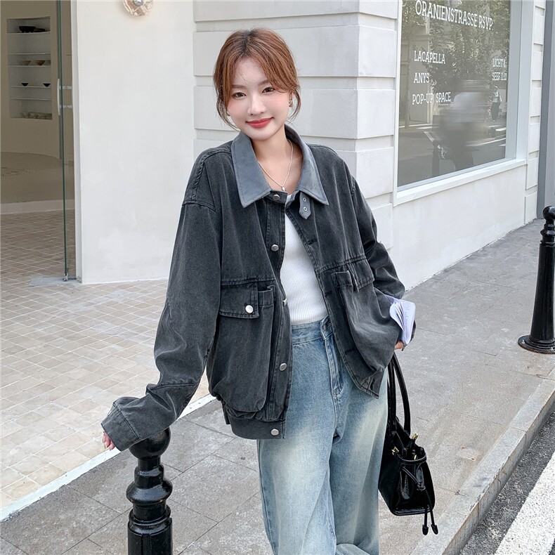 工装翻领牛仔短外套女春秋2025新款小个子巨好看减龄小众夹克上衣,女装短外套,2C206
