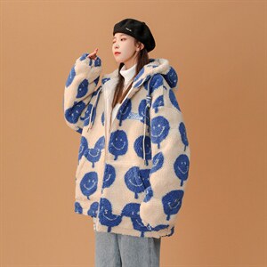 羊羔毛中性韩版笑脸加厚连帽棉衣棉服216-2-BK51-P128控158杏色,女装棉衣/棉服,星座716-1