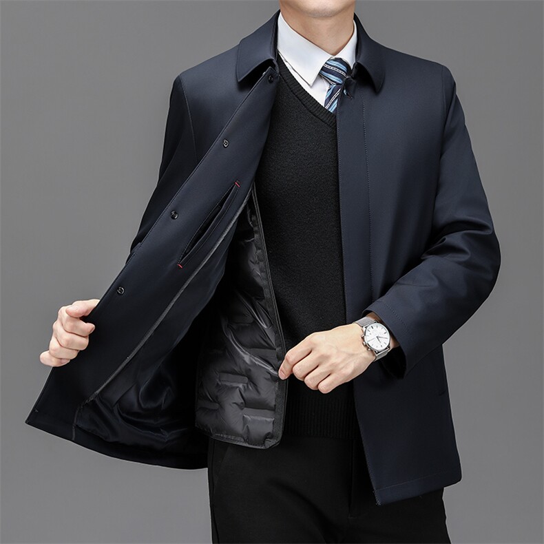 秋冬翻领羽绒服男保暖白鸭绒爸爸轻薄中山装休闲商务中老年外套图片